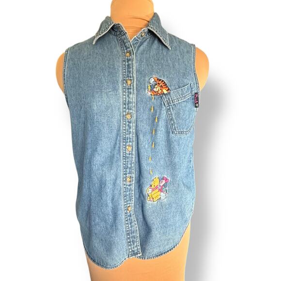 Vintage Disney Pooh Chambray Denim Shirt Tigger Piglet Embroidery Button Front - Picture 2 of 9